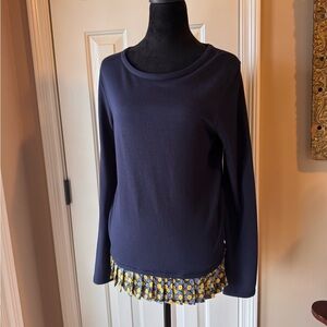 J. Crew Navy Long Sleeve Pleated Floral Hem Layered Look Top size small